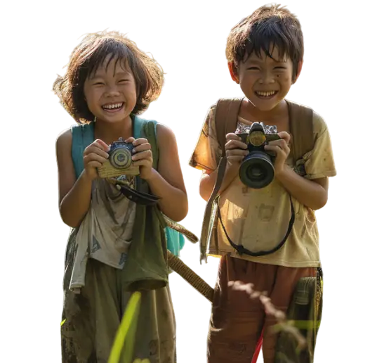 Images showing 2 children smiling and holding cameras