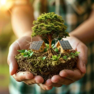 Hands holding a scale-model house and tree