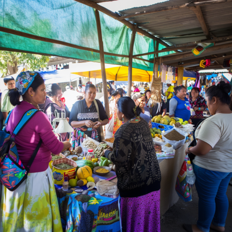 A local marketplace where food and other goods are being sold